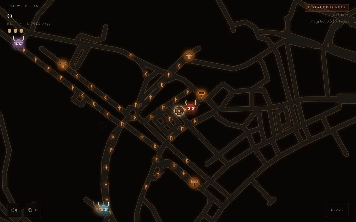A rune-lit street map of Santa Cruz with draugar on the lanes in The Wild Run.